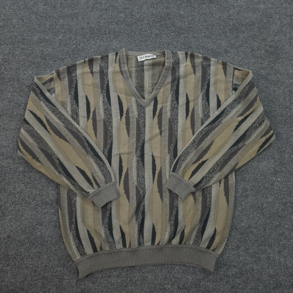 Vintage St‎ Croix Sweater Mens Large Tan Abstract Knit Biggie Cosby Grandpa USA